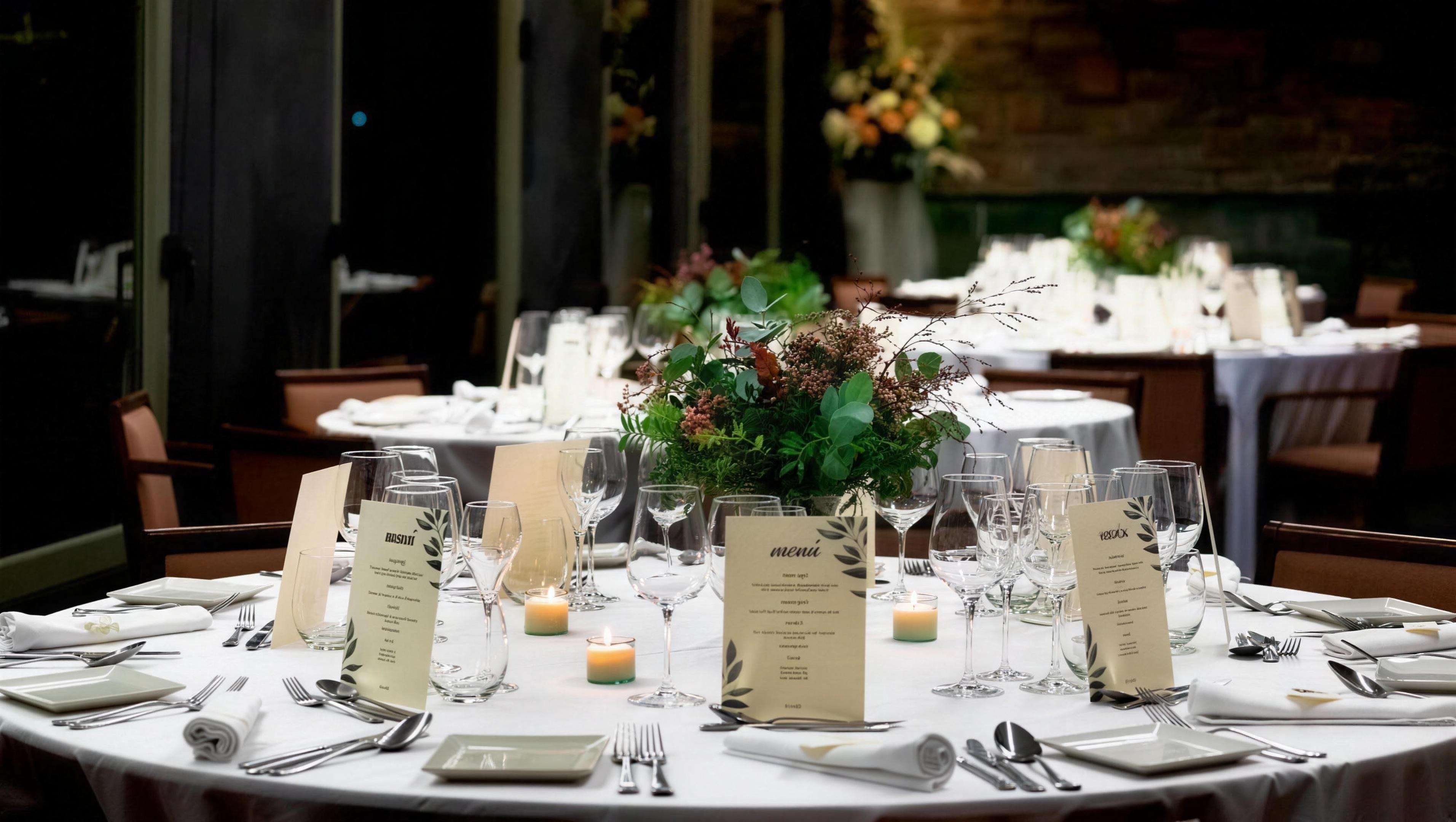 Una mesa redonda puesta para un grupo, con los cartelitos del menú, velas y un centro de flores.